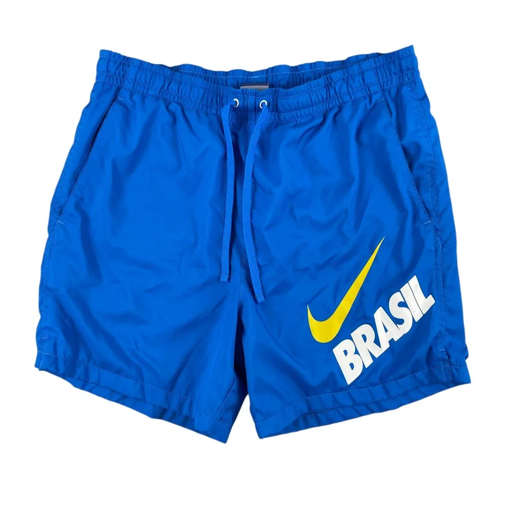 Nike Swim Trunks Mens M Blue Swoosh Brasil Logo Elastic Waist Drawstring Pockets